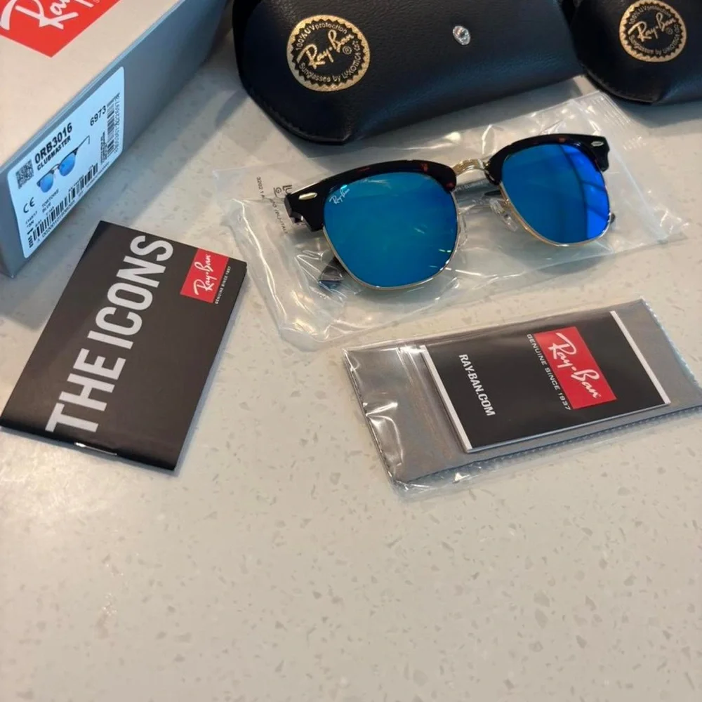 Ray-Ban CLUBMASTER Gold Frame with Blue Lenses Sunglasses